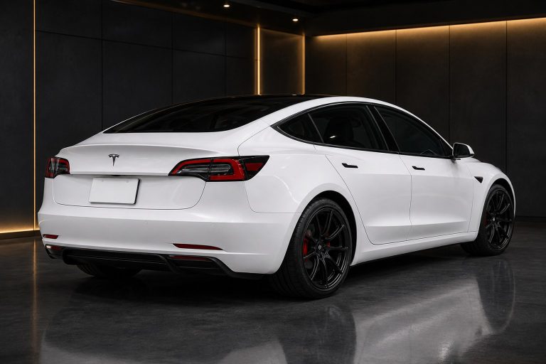 白色 Tesla Model 3 Performance 車尾外觀，黑金燈光背景