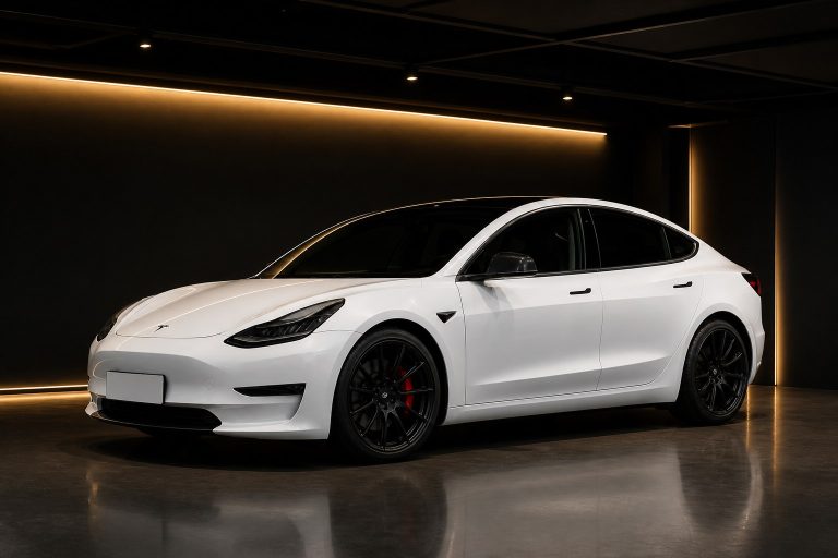 白色 Tesla Model 3 Performance 車側外觀，黑金燈光背景